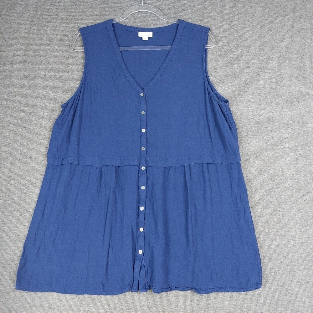 J. JILL WOMENS INK BLUE SHIRRED WAIST BABYDOLL SLEEVELESS BUTTON FRONT SHIRT XL